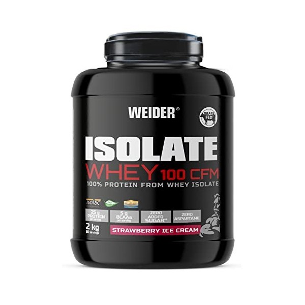 Weider Isolate Whey 100 CFM. Goût Fraise Glacée. Mélange protéines avec isolat de protéines de lactosérum. Prise de masse mus