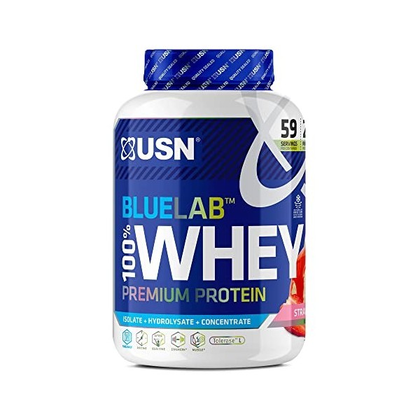 USN Blue Lab Whey - Boisson Protéinée en Poudre, Protéines de Lactosérum & BCAA, Prise de Masse & Récupération, Shaker Post-E