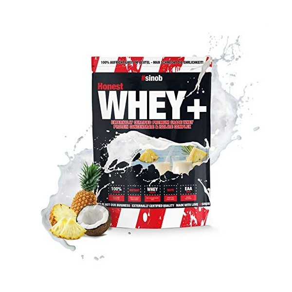 sinob Honest Whey Protein Pina Colada 1 x 1000 g - Whey protein isolate de 12,5% - Protéines whey instantanée avec BCAA et 