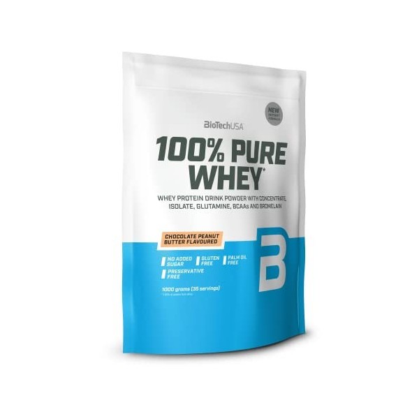 BioTechUSA 100% Pure Whey Complexe de protéines de lactosérum et de bromélaïne, avec des acides aminés, sans sucres ajoutés, 