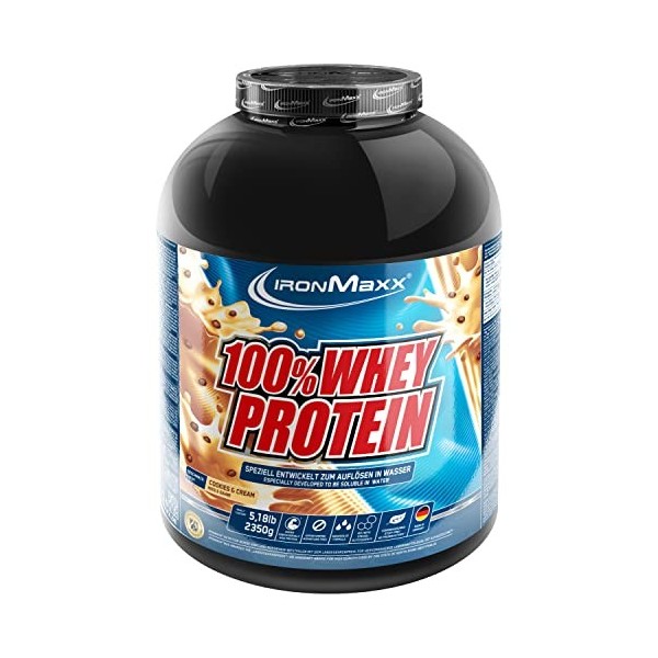 IronMaxx 100% Whey Protein - Protéines de Lactosérum en poudre, hydrosolubles - Goût Cookies et Crème - 1 x boîte de 2,35 kg