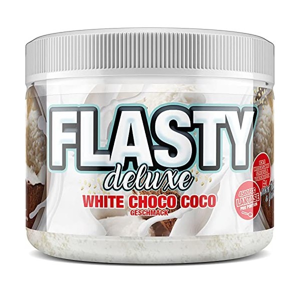 Sinob Flasty Deluxe Arôme Poudre Alimentaire Chocolat Blanc-Coco avec Plein de Morceaux de Caramels 1 x 250 g Arôme Yaourt 