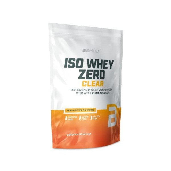 BioTechUSA Iso Whey Zero Clear boisson en poudre, rafraîchissant, sans sucre, sans lactose, sans gluten, 5 saveurs fruitées, 