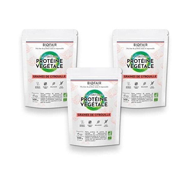 BIOFAIR NUTRITION - FORMAT ECONOMIQUE 3 SACHETS - Protéine végétale bio Graines de courge - 500g /20 doses - 15 g protéine/do