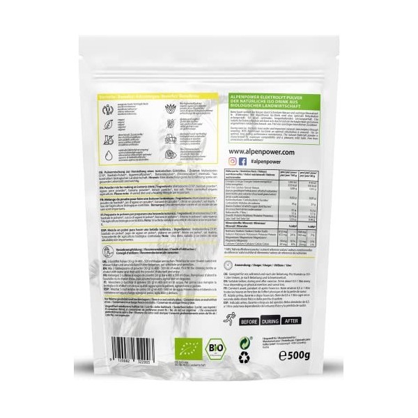 AlpenPower BIO poudre pour boisson Isotonique Citron 500g - Ingrédients 100% naturels - Sans additifs artificiels - Idéal pou