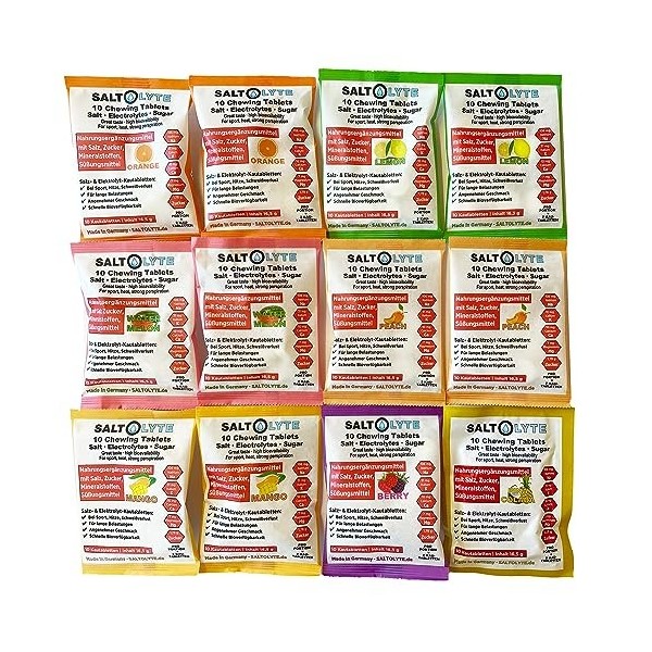 SALTOLYTE Chewing Tablets Mixed Selection Lot de 12 sachets de 10 comprimés à croquer sel et électrolyte avec sodium, magnési