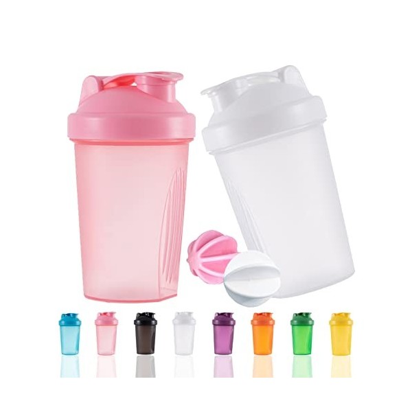 YAYAYOUNG Lot de 2 bouteilles shaker protéinées et shaker de 400 ml avec boules de fouet, sans plastique BPA blanc + rose 