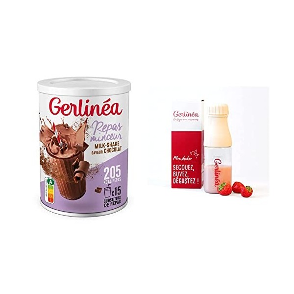 Gerlinéa Boisson Milkshake goût Chocolat + Shaker, Substituts de repas riche en protéines Poudre à reconstituer contient 15 r