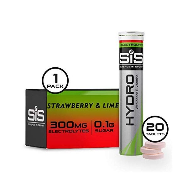SIS Science in Sport GO Hydro Comprimés Fraise & Citron Vert, sans sucre, végétalien, sans gluten, 20 comprimés de 4,3 lhydr