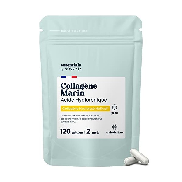 Collagène Marin + Acide Hyaluronique, Peau Hydratée et Articulations Fortes, Cure de 2 mois, 120 Gélules, Collagene Hydrolysé