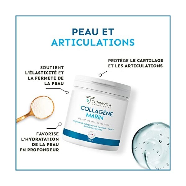 COLLAGÈNE MARIN Breveté en Poudre + Vit C | 250 Grammes de Peptides de Collagène Purs de Type 1 | Articulations Souples, Peau