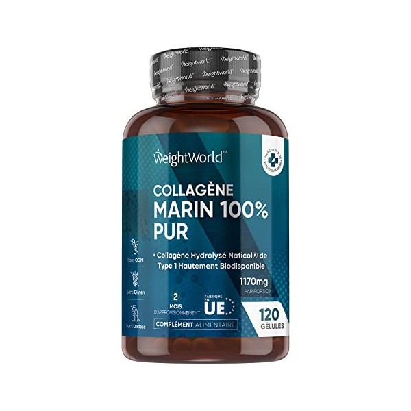 Collagène Marin Pur Type-1, 120 Gélules - 1170 mg, Hautement Biodisponible, Peptides de Collagène Marin Hydrolysé NatiCol Wei