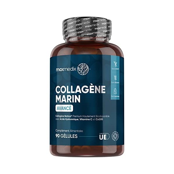 Collagène Marin + Acide Hyaluronique, 90 Gélules, 1455mg - Peptides de Collagène Hydrolysé Type 1- NatiCol, Vitamine C,Zinc &