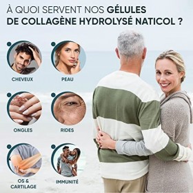 Collagène Marin + Acide Hyaluronique, 90 Gélules, 1455mg - Peptides de Collagène Hydrolysé Type 1- NatiCol, Vitamine C,Zinc &