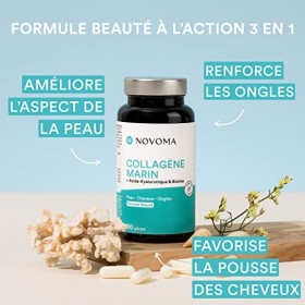 NOVOMA Collagène Marin + Acide Hyaluronique, 1000 mg de Collagene Pur Hydrolysé Type 1 & 3, Avec Vitamine C, Zinc et Biotine,