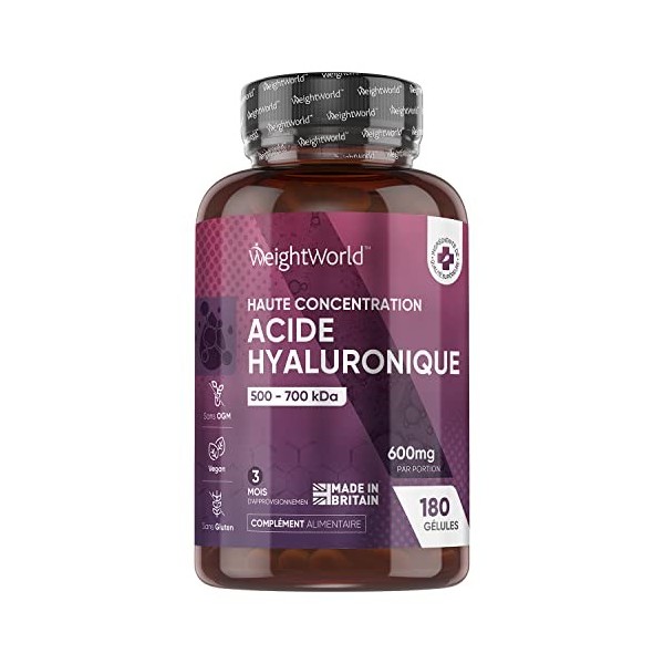 Acide Hyaluronique Pure de 600mg x180 Gélules Végans - Peau Yeux Cheveux et Articulation - Dosage Pure de dHyaluronate de So