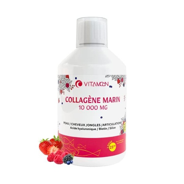 Collagène marin hydrolysé liquide 10000mg | Acide hyaluronique, biotine, silice, vitamine C, vitamine D3 | peau saine, cheveu