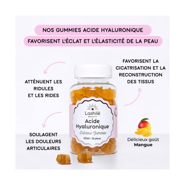 LASHILÉ BEAUTY - Compléments Alimentaires - Acide Hyaluronique Mono Boost - Cure 1 mois - 60 Gummies - Vegan - Fabrication Fr