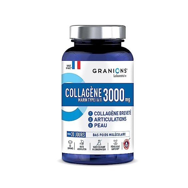 Collagène marin type 1 et 2 GRANIONS | Complement alimentaire | Peptide de collagene hydrolysé 3000mg avec Manganèse + Cuivre