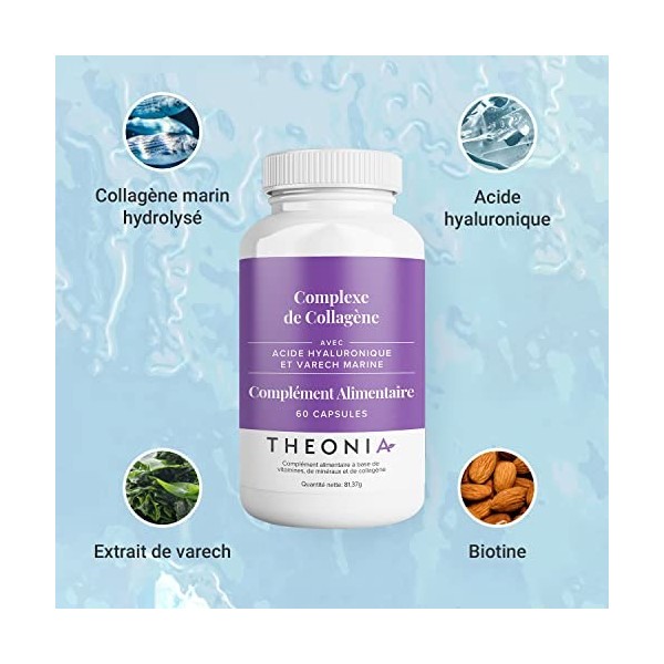 Complexe de collagène Theonia 60 capsules, acide hyaluronique et varech marin, vitamine E, C, biotine, ongles sains, peau, mé