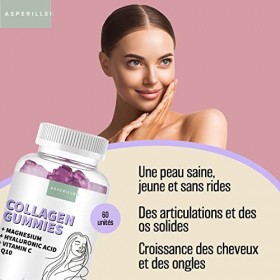 ASPERILLEN Gommes au Collagène Marin Hydrolysé avec Magnésium + Acide Hyaluronique + Coenzyme Q10 + Vitamine C - Supplément p