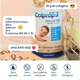 Collagène hydrolysé en poudre | Beauté Peau, Cheveux | Q10, Acide hyaluronique, vitamines, minéraux | 30 jours | Saveur Neutr