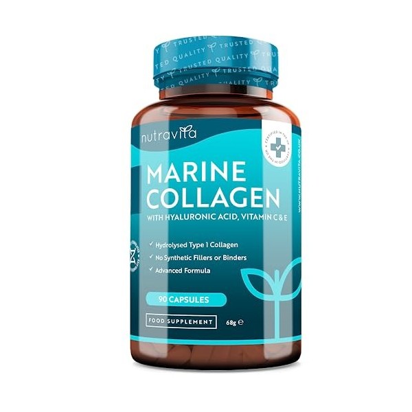 Collagène Marin et Acide Hyaluronique 1000 mg Type 1 avec Vitamine C & E - Hydratation de la Peau - 90 capsules de Collagène 