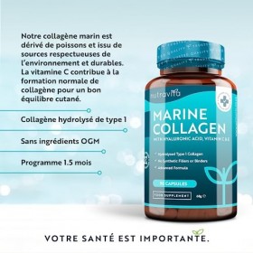 Collagène Marin et Acide Hyaluronique 1000 mg Type 1 avec Vitamine C & E - Hydratation de la Peau - 90 capsules de Collagène 