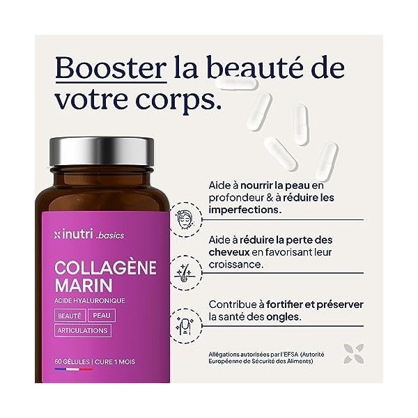 Collagene Marin Type 1 Breveté, Acide Hyaluronique + Vitamine C | Multivitamines A, C & E | Soins des Cheveux, Peau & Articul