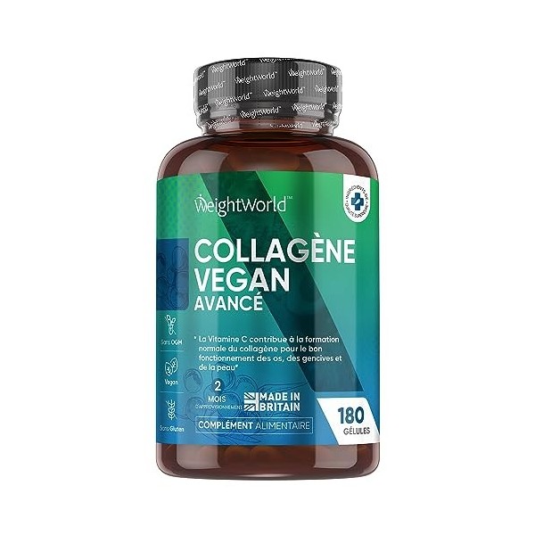 Collagène Vegan + Acide Hyaluronique - 180 Gélules 2 Mois Collagène Végétal – Vitamine C, E, Zinc, MSM, Resvératrol, Églant