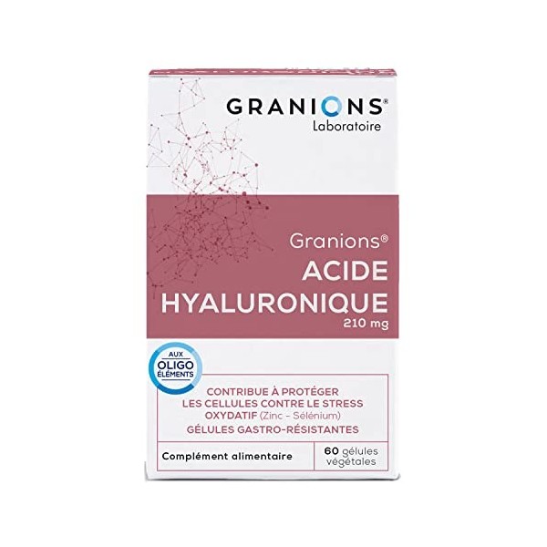 Acide hyaluronique pur GRANIONS | Complement alimentaire peau | Acide hyaluronique gelules 210mg avec Zinc + Selenium | Cure 