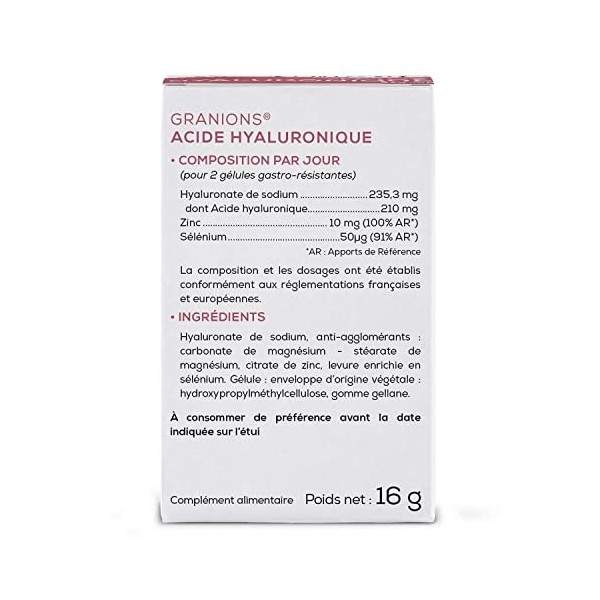 Acide hyaluronique pur GRANIONS | Complement alimentaire peau | Acide hyaluronique gelules 210mg avec Zinc + Selenium | Cure 