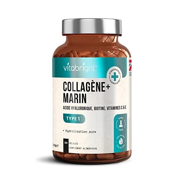 Capsules de Collagene Marin 1000mg - 120 Capsules - 9 Nutriments pour la Peau - Collagene Marin pur Hydrolysé de type 1 avec 