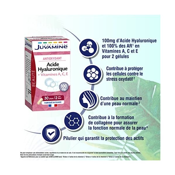 JUVAMINE - Acide Hyaluronique + Vitamines A,C,E - Beauté de la Peau - 60 Gélules dorigine végétale