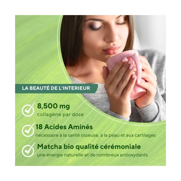 Collagene Matcha Bio Latte, 8500mg collagène Peptan + Thé Matcha 100% Biologique de qualité cérémonielle, Articulations Forte