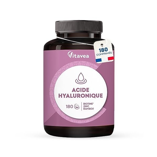 Acide Hyaluronique 400 mg - Hydratation de la Peau - Elasticité, Souplesse et Eclat - Enrichi en Zinc, Biotine, Bambou - 6 mo