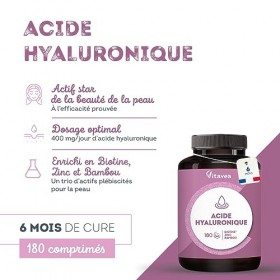 Acide Hyaluronique 400 mg - Hydratation de la Peau - Elasticité, Souplesse et Eclat - Enrichi en Zinc, Biotine, Bambou - 6 mo