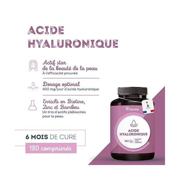 Acide Hyaluronique 400 mg - Hydratation de la Peau - Elasticité, Souplesse et Eclat - Enrichi en Zinc, Biotine, Bambou - 6 mo