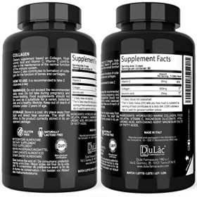 Collagene marin et Acide hyaluronique avec Vitamine C Dulàc, 120 gélules, Supplément de colagene pour la peau et les articula