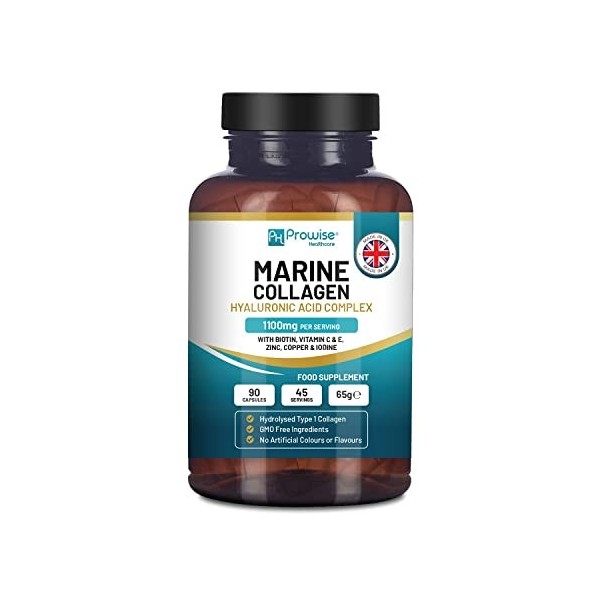 Collagène Marin avec Acide Hyaluronique 1100mg - 90 Capsules Boostées en Acide Hyaluronique, Vitamines C, E, B2, Biotine, Cui