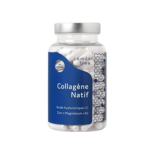 Collagène Natif avec Acide Hyaluronique Magnésium Zinc Vitamine K2 et C - 120 gélules - Complexe de Collagène Natif Premium a