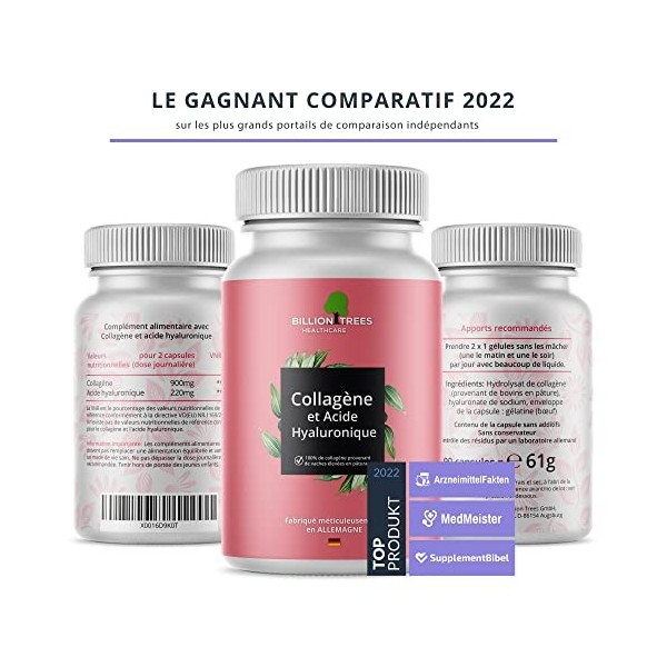 Acide hyaluronique et collagène à haute dose | 90 capsules avec 1120mg dhydrolysat de collagène et dacide hyaluronique par 