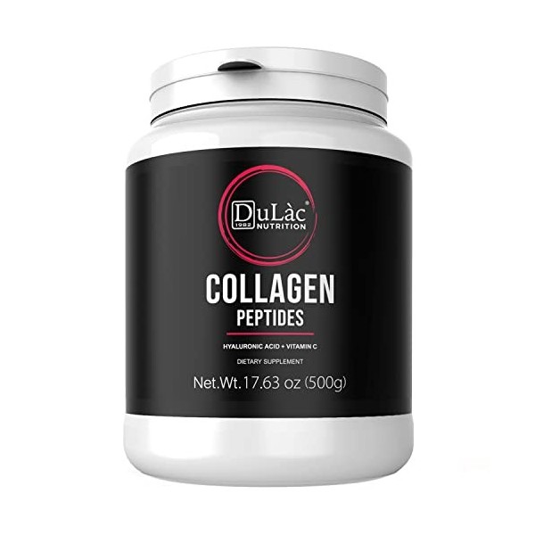Collagène Poudre + Acide Hyaluronique et Vitamine C 500g Dulàc Made in Italy, Supplément de Peptide de Collagène Hydrolysé Ty