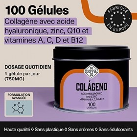 Collagene et Acide Hyaluronique + Coenzyme Q10 + Vitamine D, C, A et B12 + Zinc | 100 Gélules | 750 mg | Colagen pour la Peau