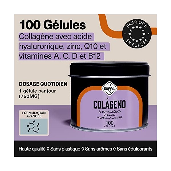 Collagene et Acide Hyaluronique + Coenzyme Q10 + Vitamine D, C, A et B12 + Zinc | 100 Gélules | 750 mg | Colagen pour la Peau