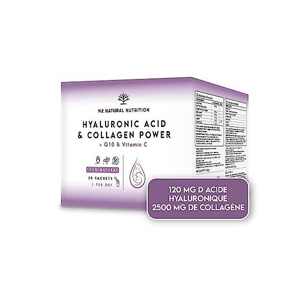 Collagene et Acide Hyaluronique 2500 mg + Q10 + Vitamine C. Haute Concentration. 30 Jours Traitement. Aide à Articulations, O