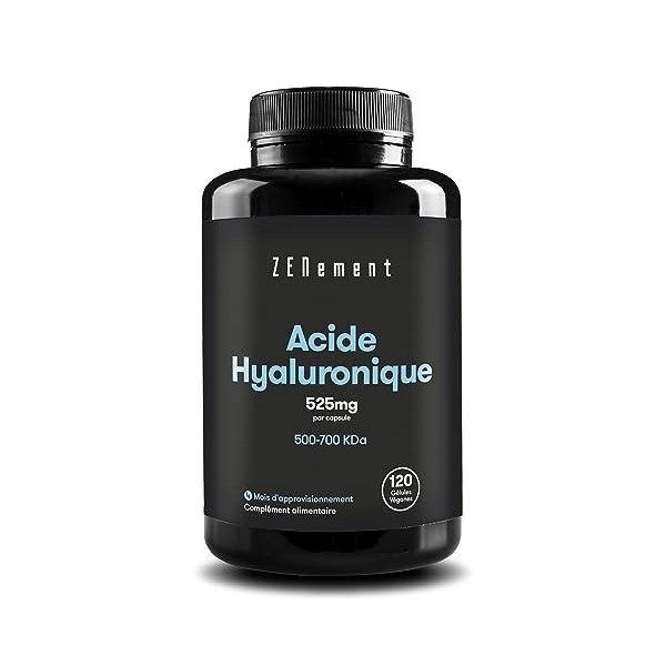 Acide Hyaluronique Pur 525 mg, 120 Gélules Végan 4 mois | 500-700 kDa, Dosage Optimal Avec 90% dHyaluronate de Sodium | Do