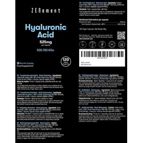 Acide Hyaluronique Pur 525 mg, 120 Gélules Végan 4 mois | 500-700 kDa, Dosage Optimal Avec 90% dHyaluronate de Sodium | Do
