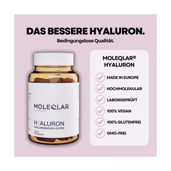 MoleQlar® Capsules Hyaluron Hyaluron et Glycine dans le complexe - Acide hyaluronique vegan à haut poids moléculaire 2 000 k