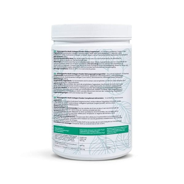 Naturagenpro Poudre multi-collagène - 330gr - 10000 mg de collagène hydrolysé - 30 jours dutilisation - Collagène de type 1&